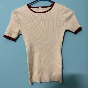 Cream Ribbed Short Sleeve Top with Red Accents